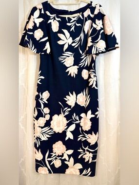 Eliza J Navy Floral Dress Size 6 Flutter Sleeve Sheath Elegant Spring Wedding